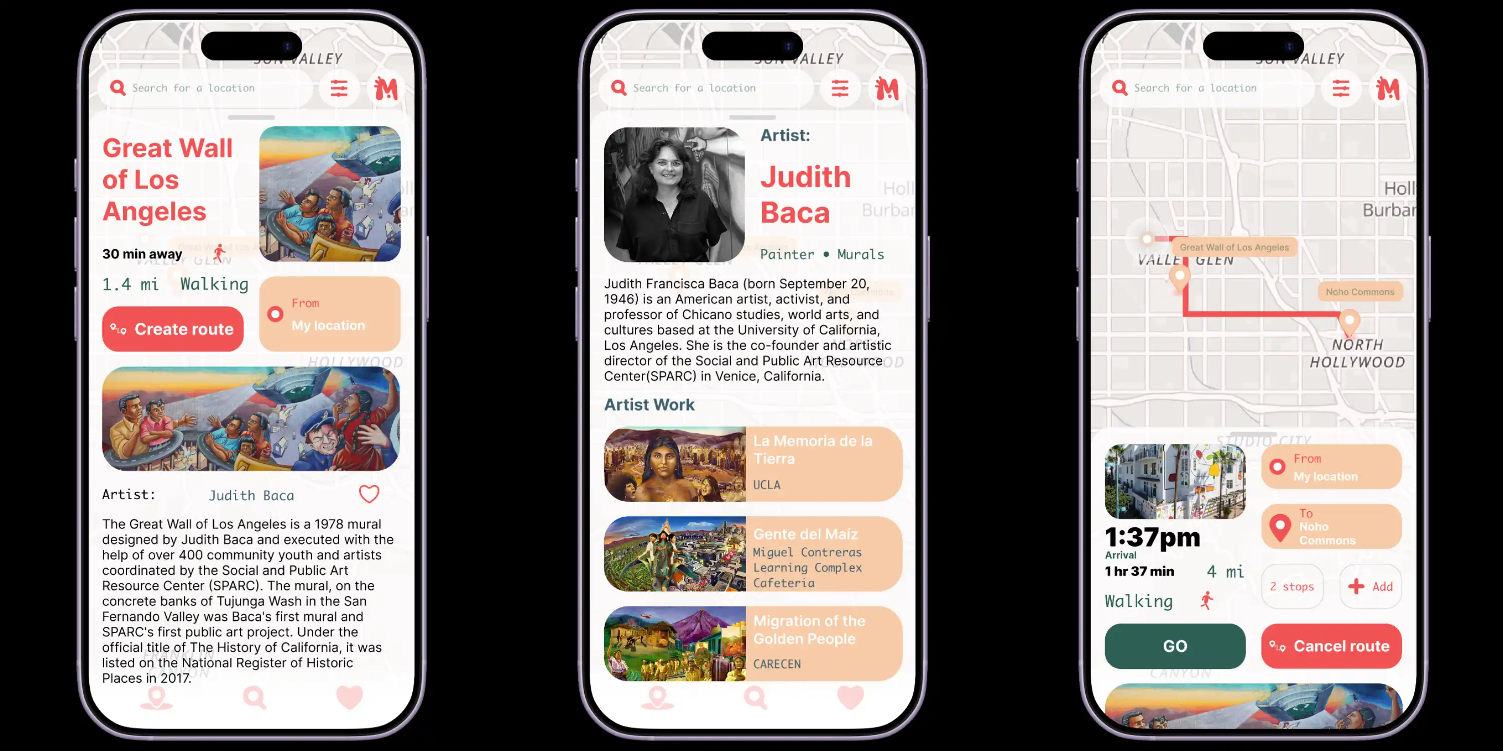 Mural detail, artist profile, and route builder screens