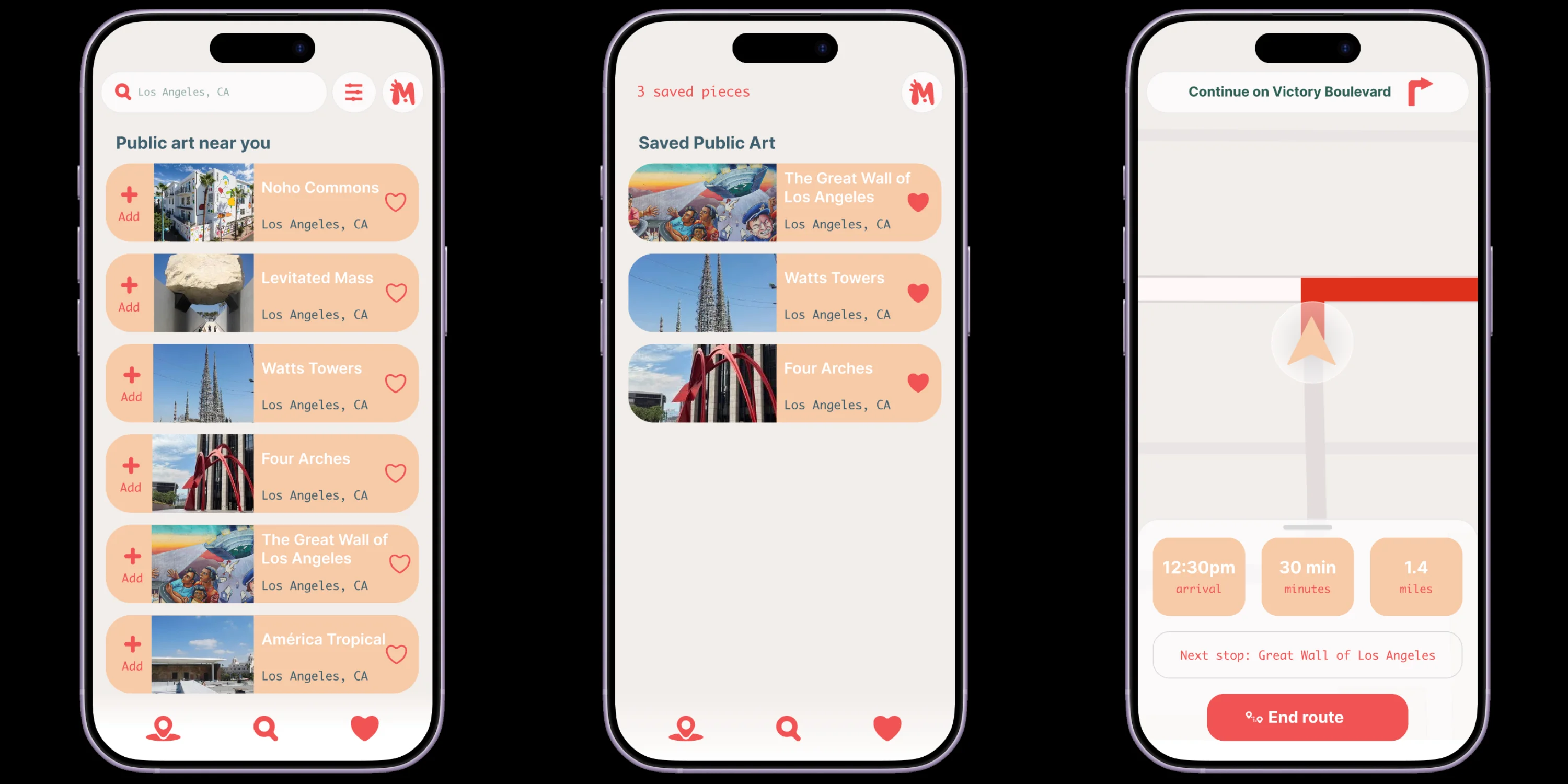 Nearby list, saved public art, and turn-by-turn navigation screens